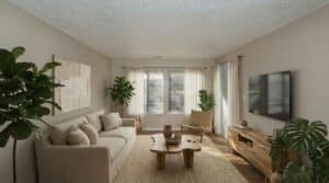 A neutral-toned living room with a beige sofa, wooden coffee table, two armchairs, a large TV on a wooden stand, potted plants, and sunlight streaming through sheer curtains.