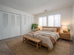 A neatly made bed with beige and tan bedding, two nightstands with lamps, a bench at the foot of the bed, a woven rug, potted plant, and three white closet doors.