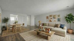 A neutral-toned living and dining area with wood floors, a beige sofa, wooden coffee table, dining set, indoor plants, and framed wall art.