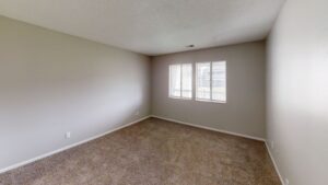 Empty room with beige carpet, light gray walls, and two windows letting in natural light.