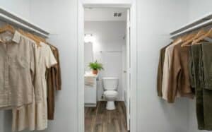 Walk-in closet with clothing on both sides leads to a bathroom with a white toilet, white vanity, potted plant, towel, and wood-patterned floor.
