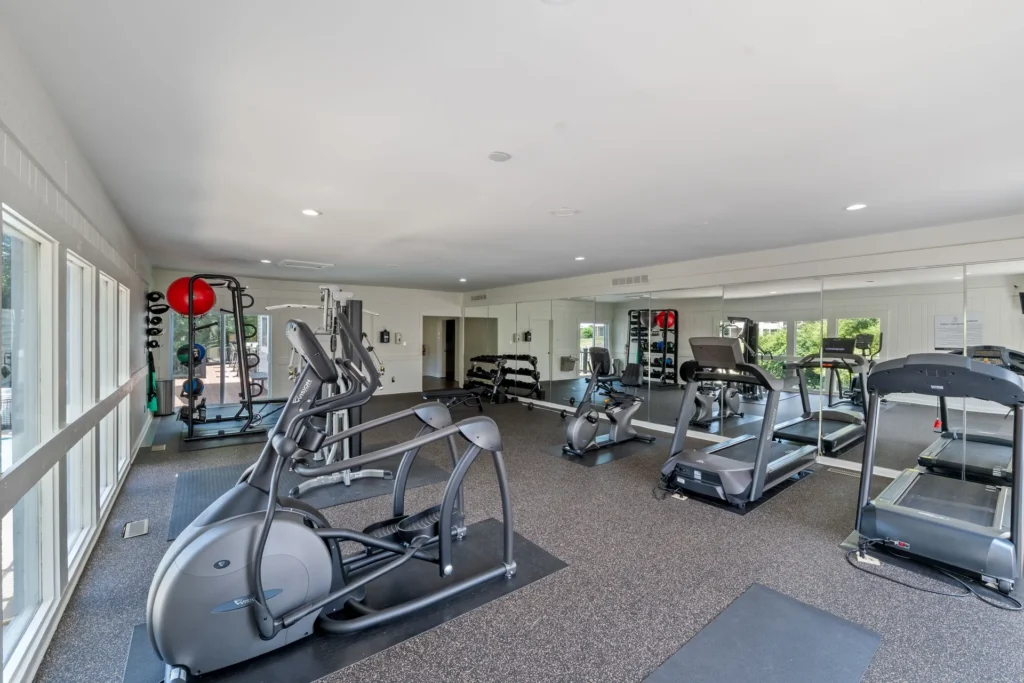 A modern gym with treadmills, elliptical machines, free weights, mirrors, and large windows letting in natural light.